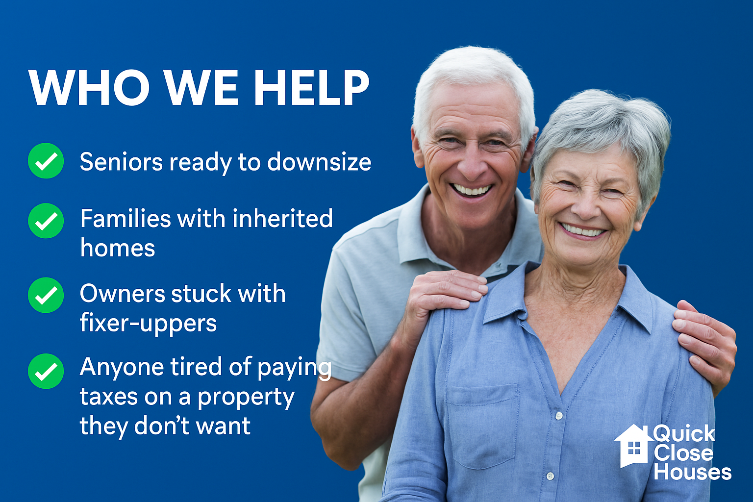 A happy senior couple who sold their home quickly for cash